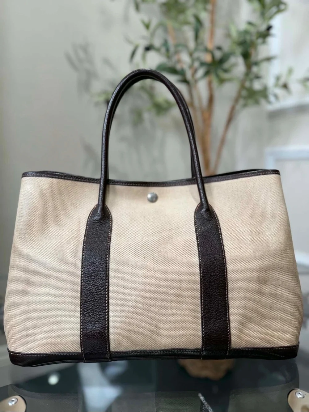 Hermes Beige Canvas Tote with Dark Brown Leather Trim